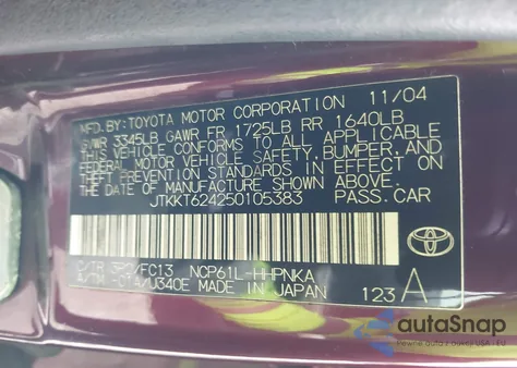 2005 Scion Xa z USA, uszkodzony, nr VIN JTKKT624250105383